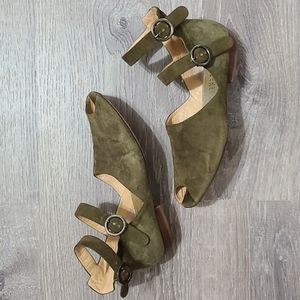 Barney's peep toe ankle strap flats